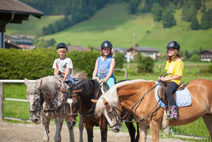 Drei Mädchen sitzen auf dem Rücken ihrer Pferde während eines Reitercamps Österreich