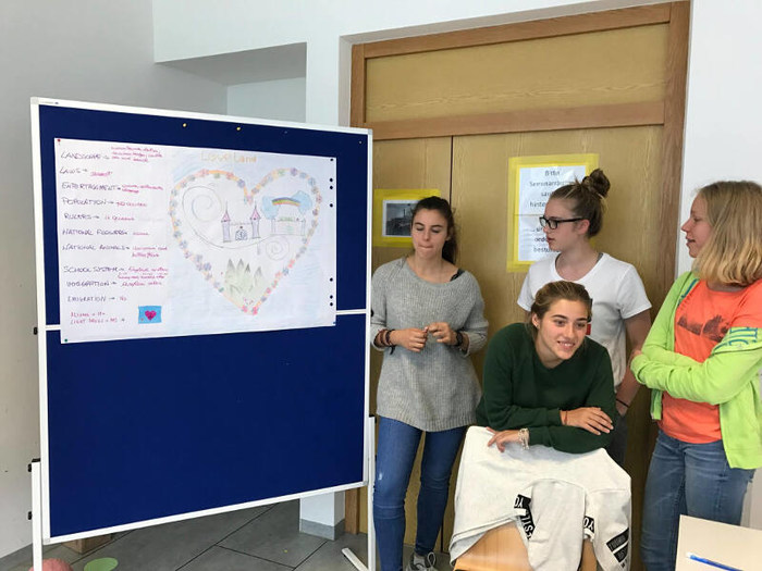 Vier Mädchen präsentieren etwas im Englisch Feriencamp