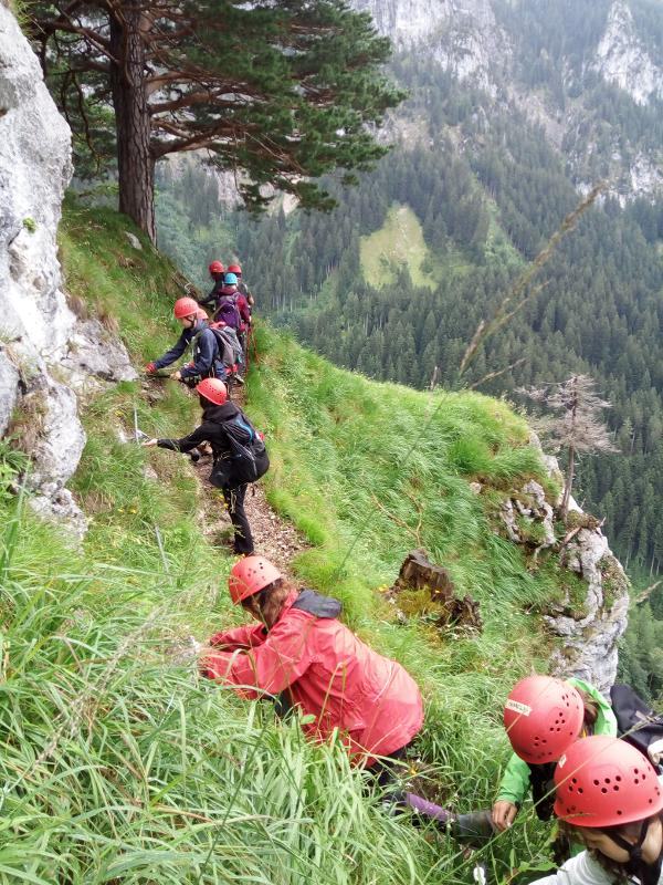 Eine Gruppe Kinder klettert entlang einer Felswand in ihrem Ferienprogramm