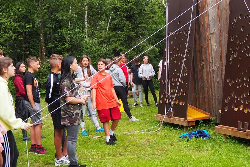 Die Teilnehmer des Actioncamps stehen vor einer Kletterwand und werden eingewiesen