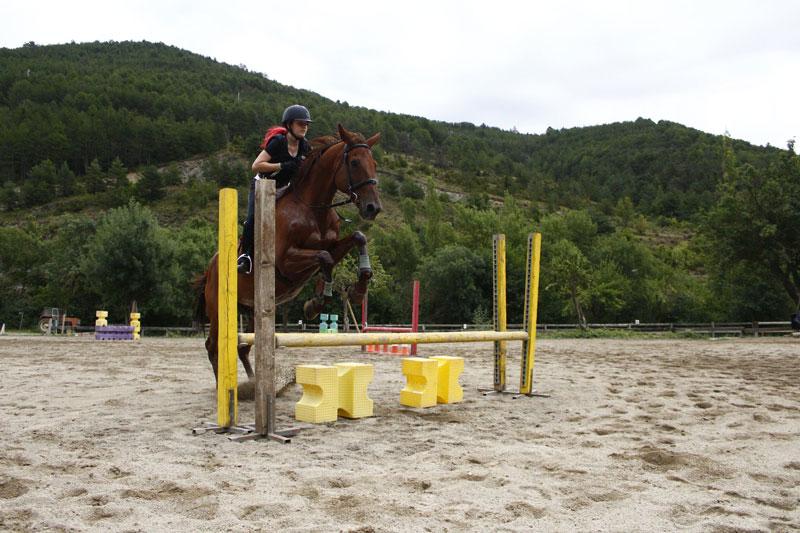 Ein Mädchen überwindet ein Hindernis mit dem Pferd bei dem Reiturlaub Tirol