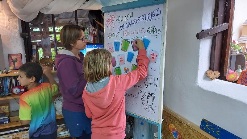 Ein Mutter und ihre Tochter bekleben ein Whiteboard mit bunten Zetteln